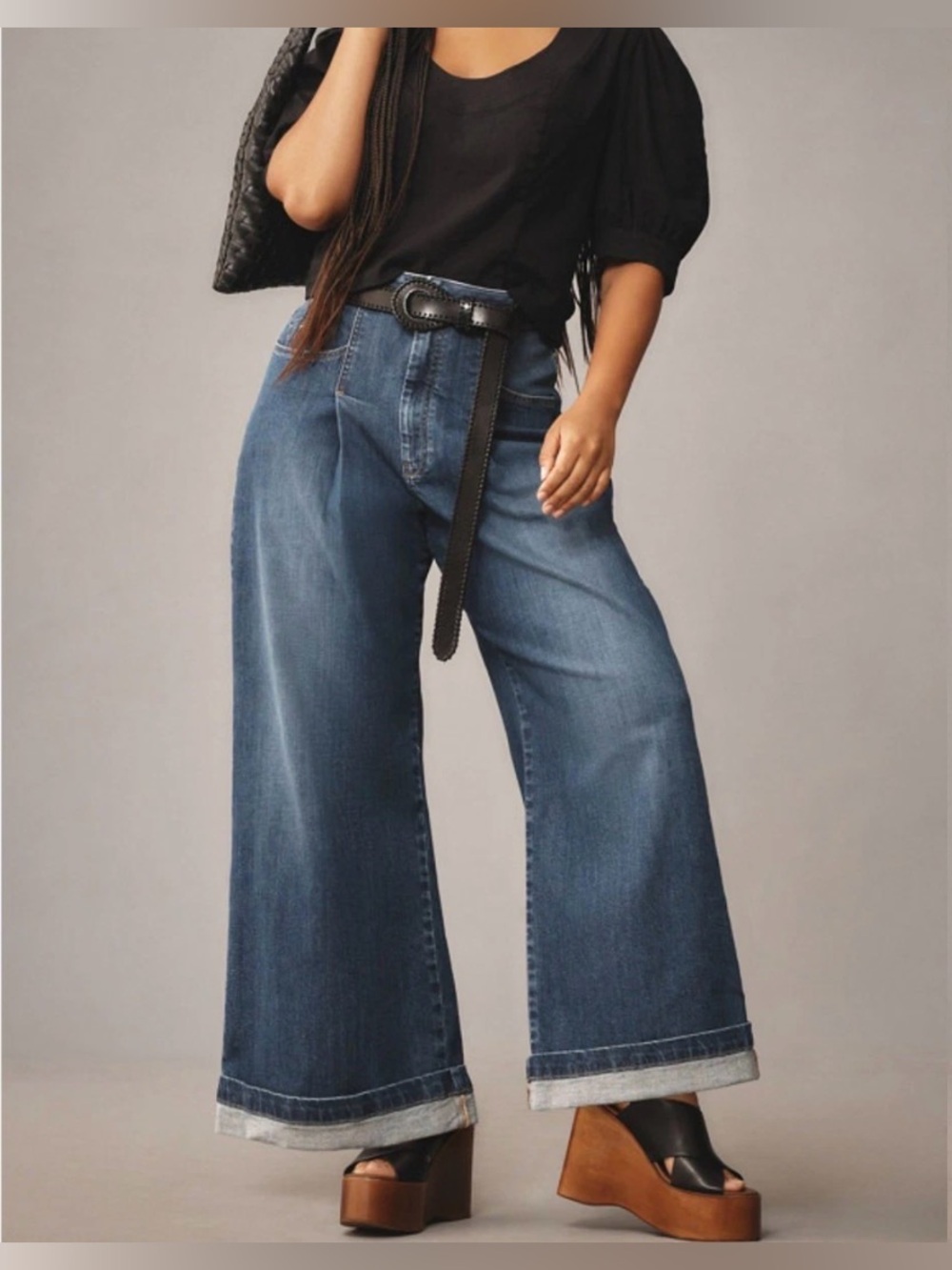 Anthropologie is Pilcro Emory Pleated Wide-Leg Cuffed Jeans in Medium Blue - Picture 2 of 8